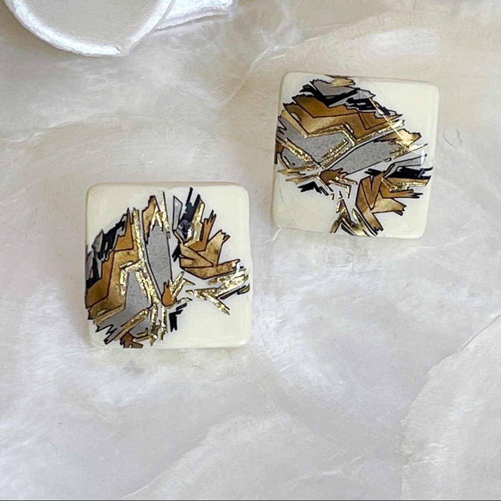 Handmade Abstract White Gold Tone Clay Earrings